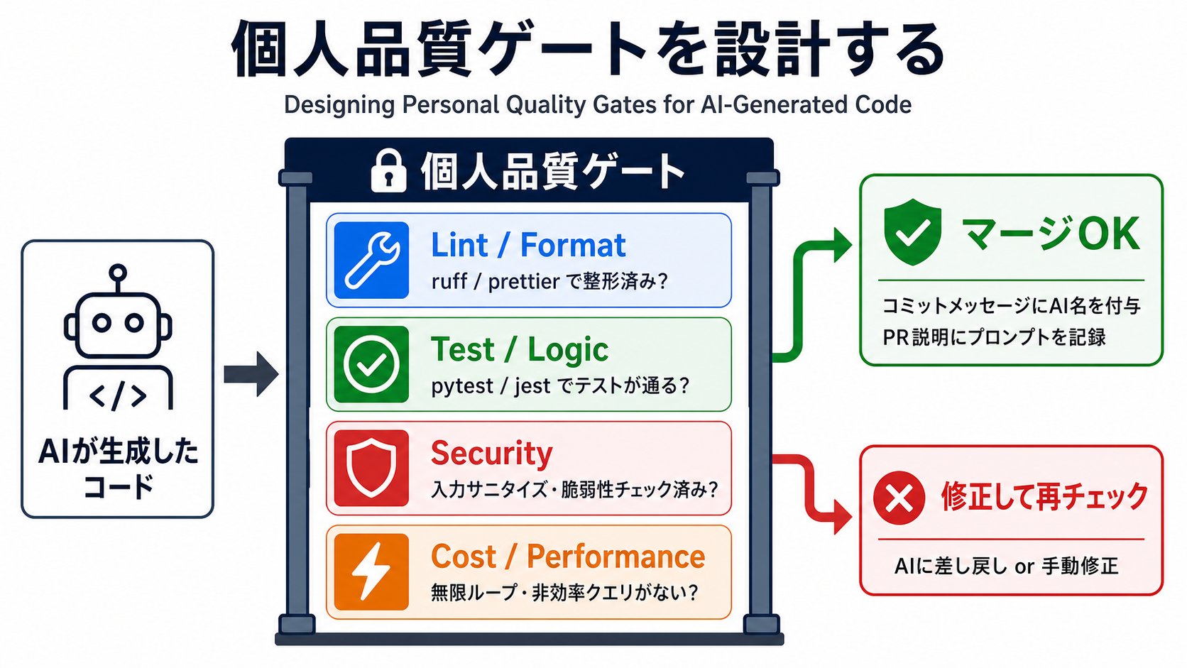 個人品質ゲートを設計する|バイブコーディング実践編 — Claude Code を中心に AIで安全に作る力の図解