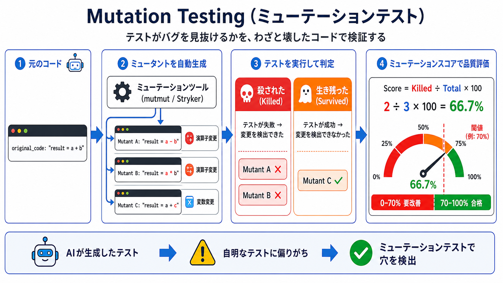 Mutation testing — テストの強度を測る｜バイブコーディング実践編 — Claude Code を中心に AIで安全に作る力の図解