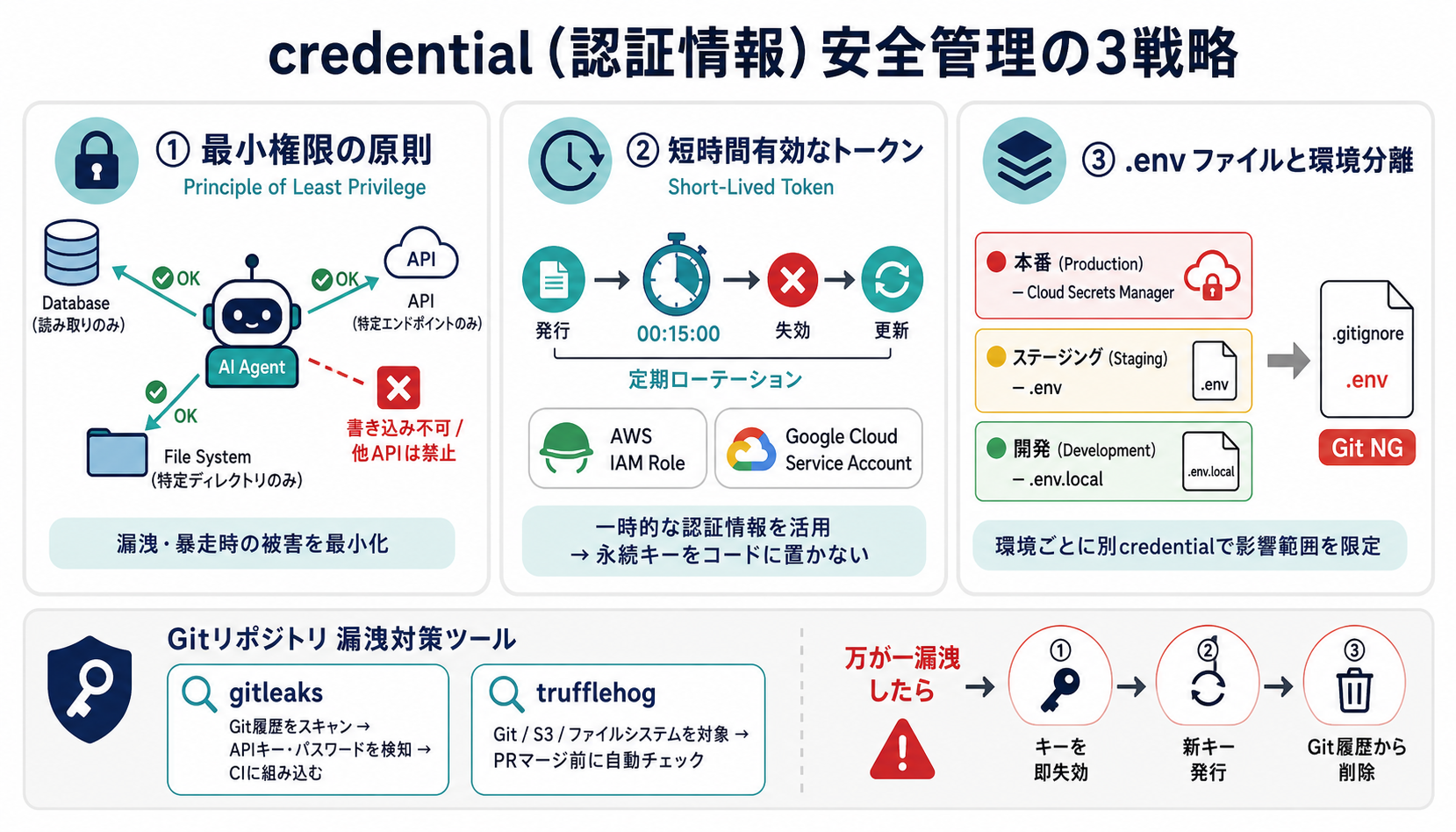 credential / 最小権限 / .env 戦略｜バイブコーディング実践編 — Claude Code を中心に AIで安全に作る力の図解