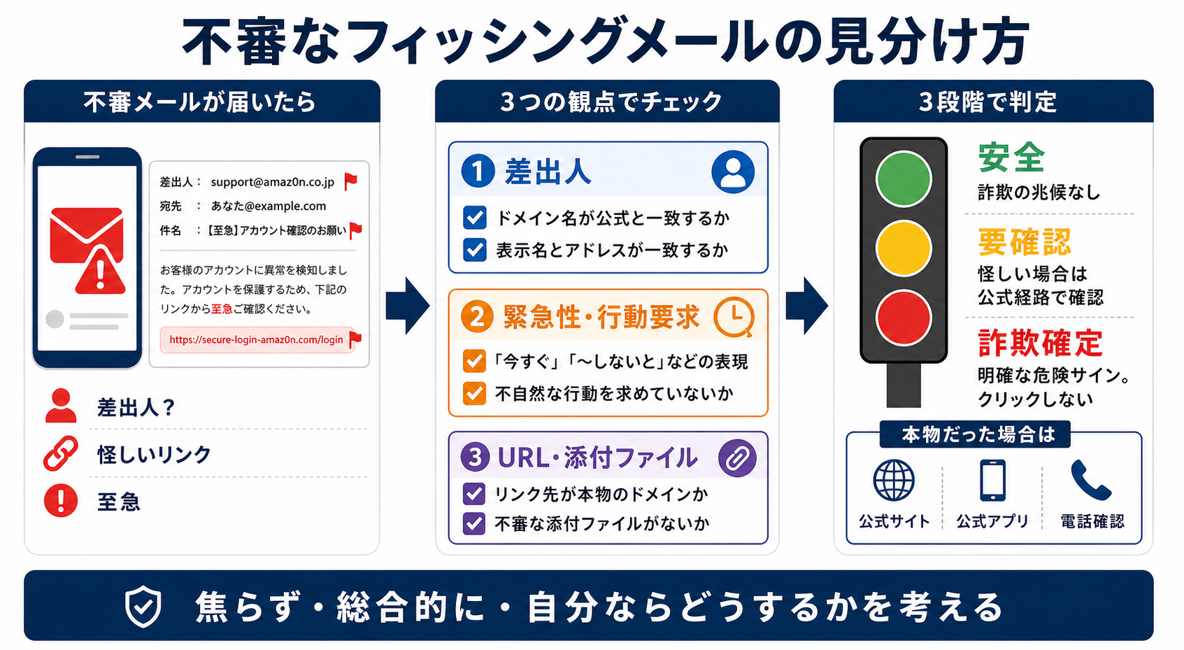 実践 疑わしいメール判定演習|サイバーセキュリティ基礎初心者向け — 自分のアカウントと業務を守る判断基準の図解