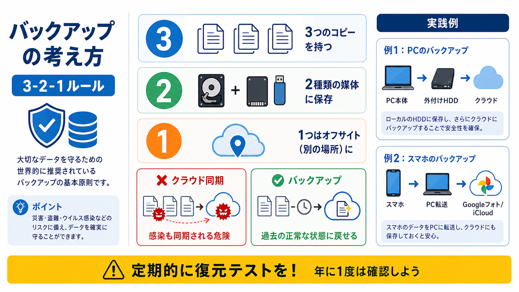 バックアップの考え方｜サイバーセキュリティ基礎初心者向け — 自分のアカウントと業務を守る判断基準の図解