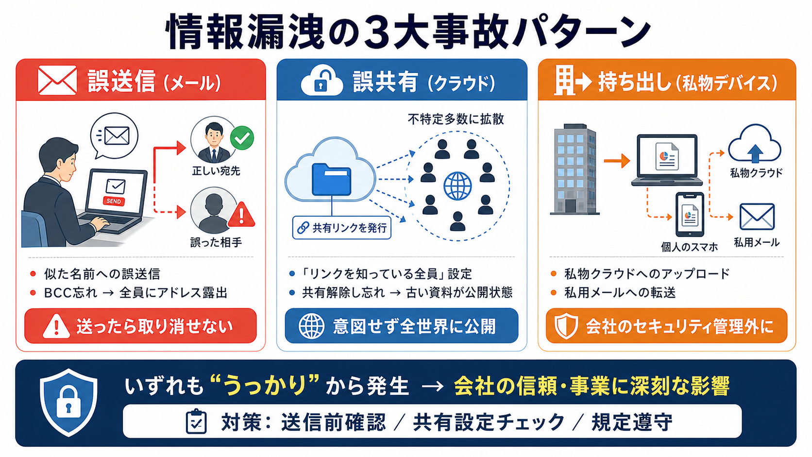 誤送信 / 誤共有 / 持ち出しの3大事故|サイバーセキュリティ基礎初心者向け — 自分のアカウントと業務を守る判断基準の図解