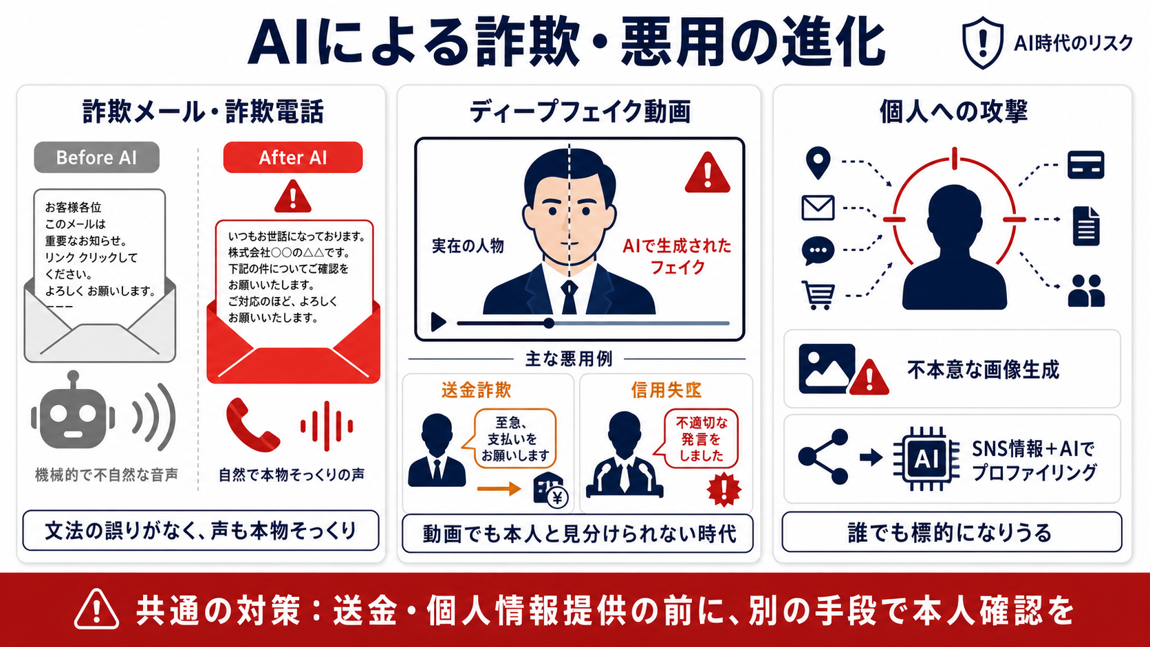 AI悪用で何が変わったか|サイバーセキュリティ基礎初心者向け — 自分のアカウントと業務を守る判断基準の図解