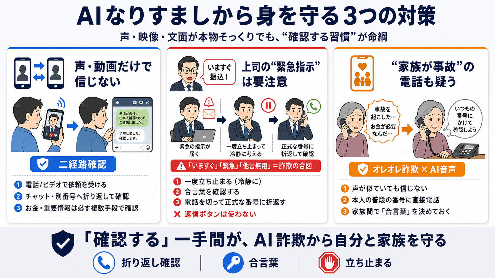 音声 / 画像 / 文面のなりすまし｜サイバーセキュリティ基礎初心者向け — 自分のアカウントと業務を守る判断基準の図解