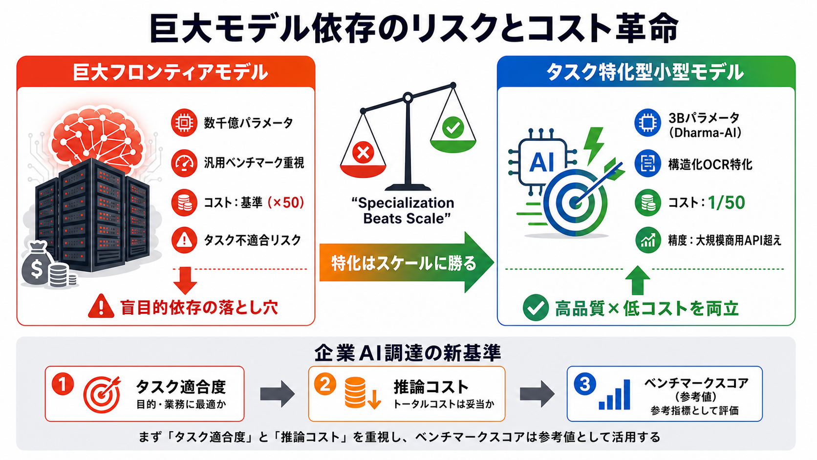 巨大モデル依存のリスクとコスト革命|AI研修 大企業実務者向けの図解