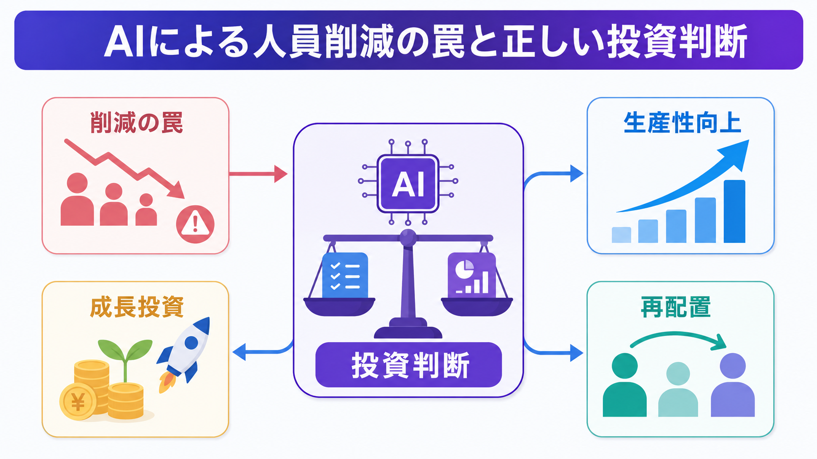 AI導入で人員削減を急ぐ前に｜中小企業の投資判断5項目の図解
